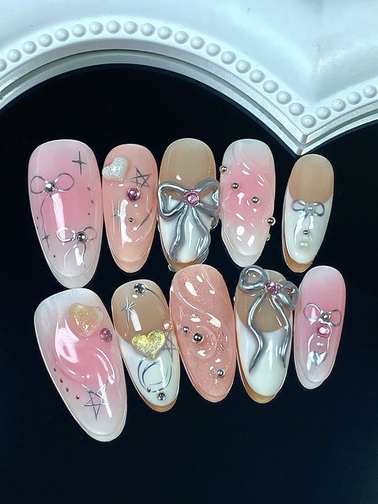 3D Almond press on nails  French  glitter fake nail