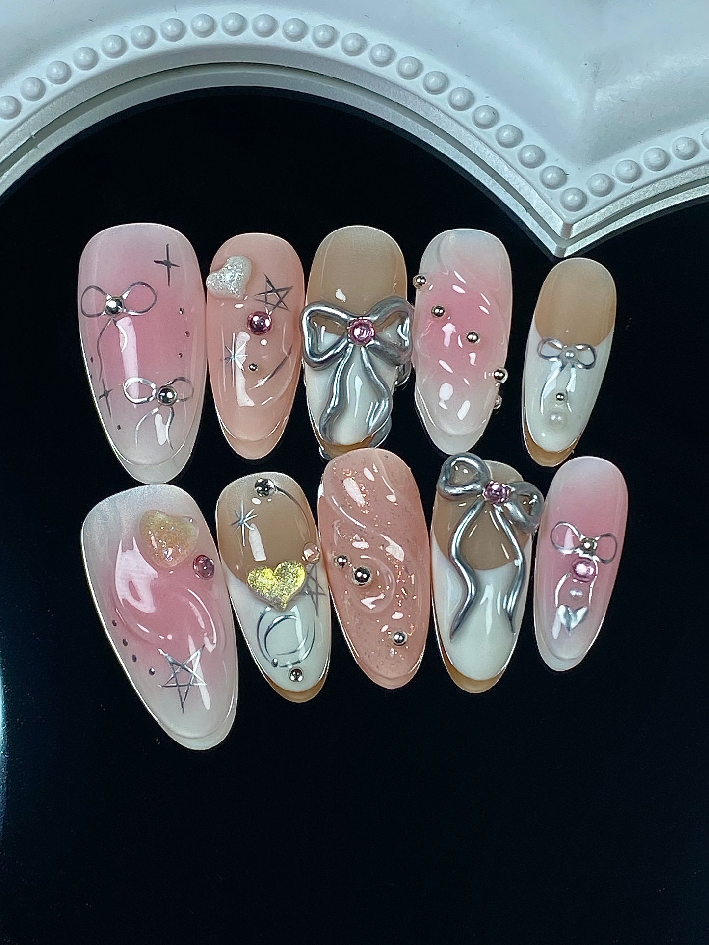 3D Almond press on nails  French  glitter fake nail