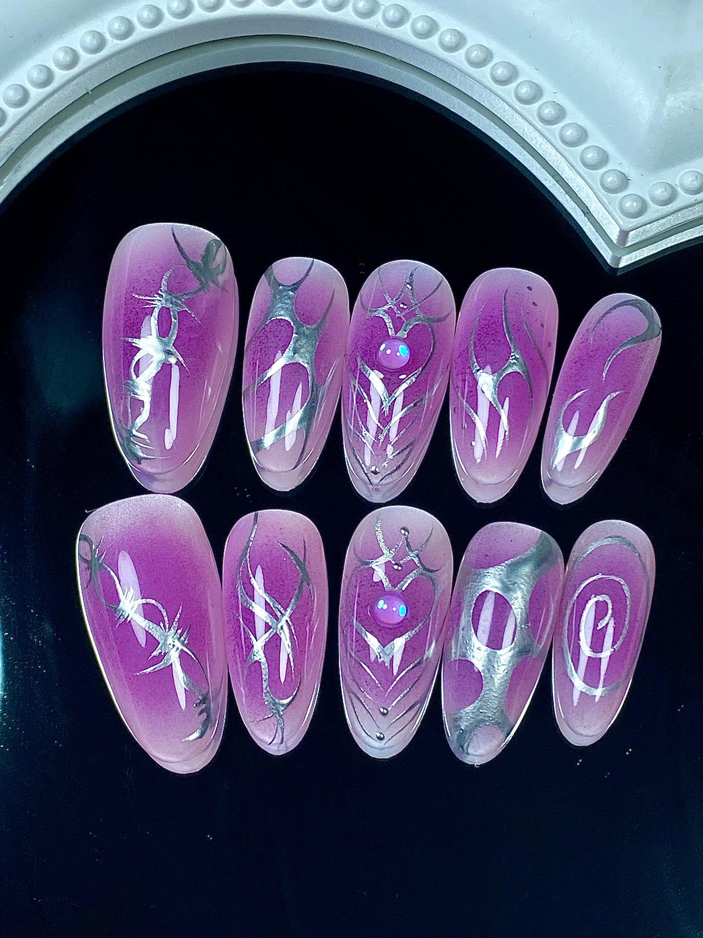 Almond press on nails  hand painted glitter fake nail