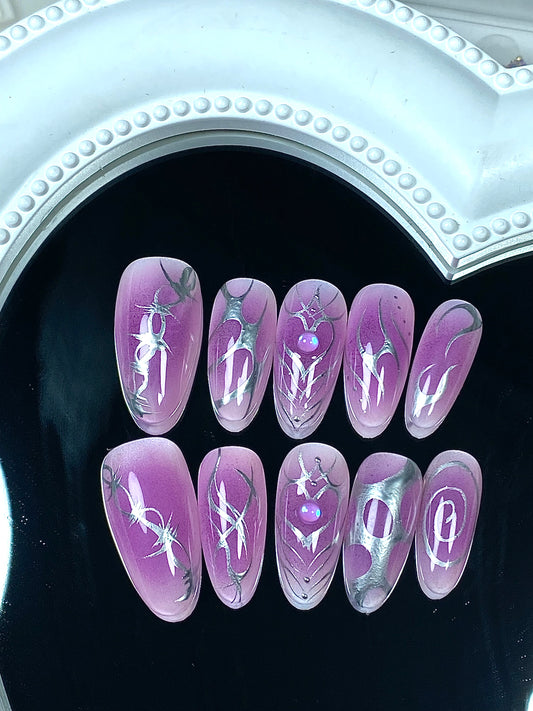Almond press on nails  hand painted glitter fake nail