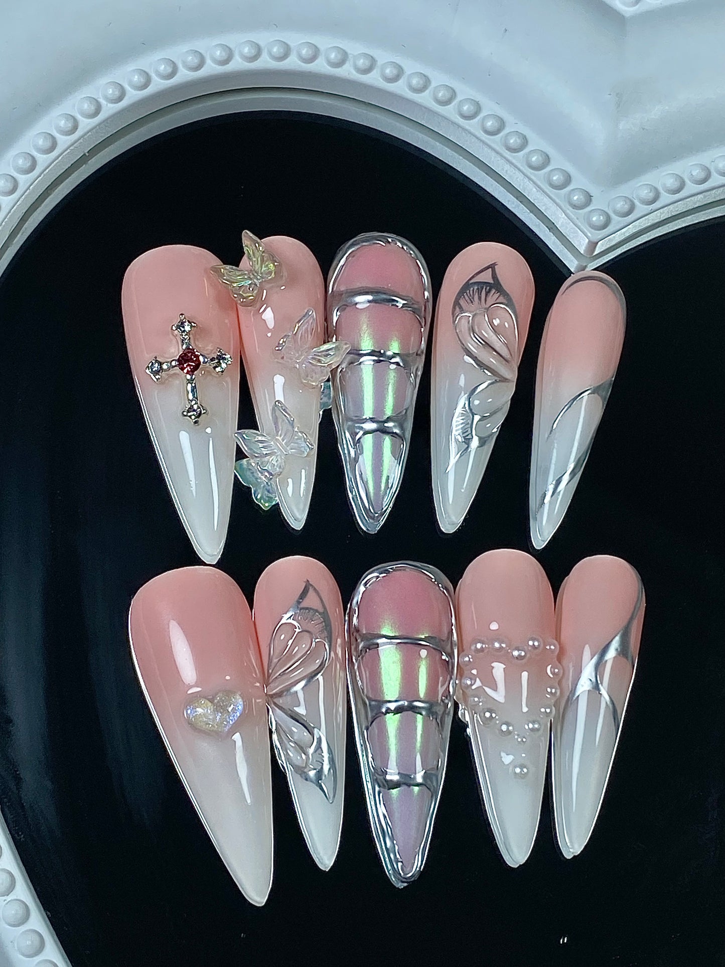 A press on nails  3D  metal butterfly stiletto shape fake nails