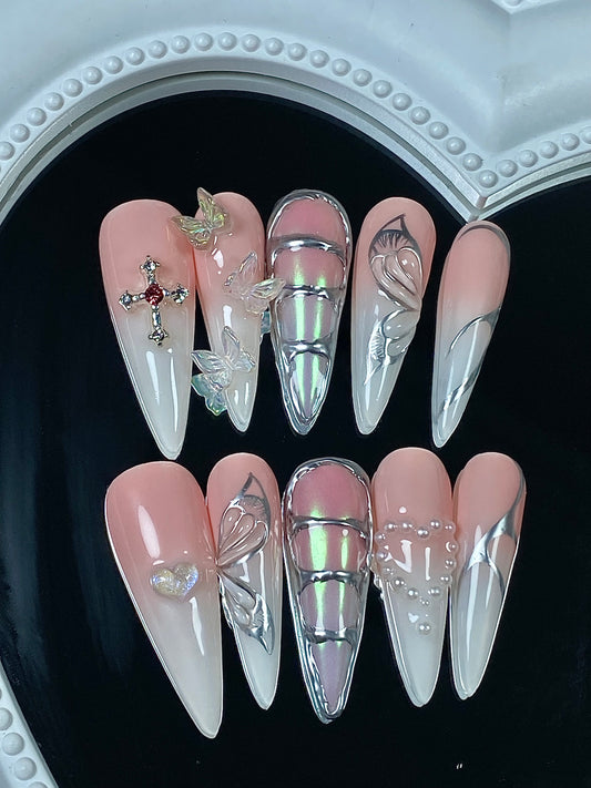 A press on nails  3D  metal butterfly stiletto shape fake nails