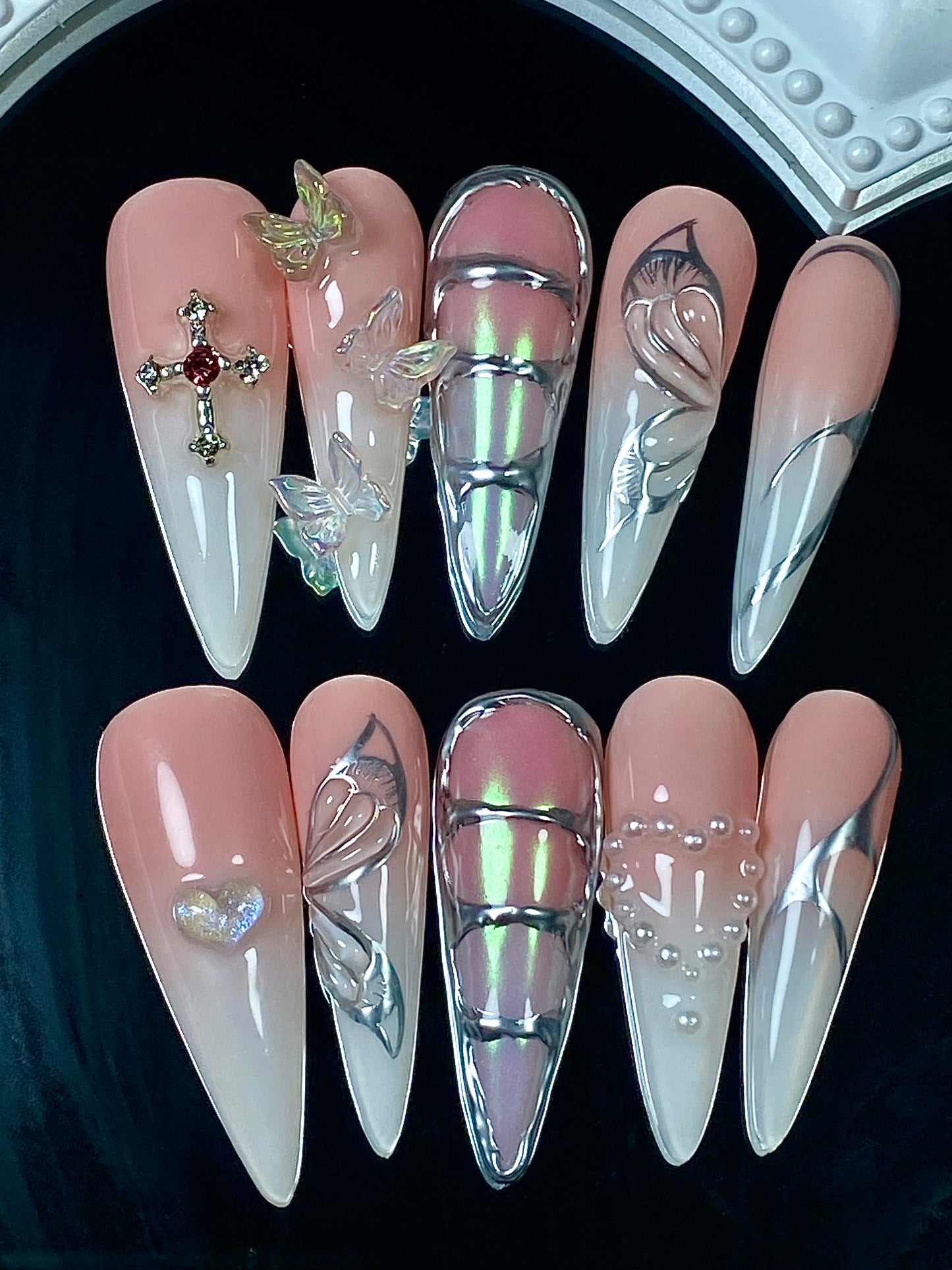 A press on nails  3D  metal butterfly stiletto shape fake nails