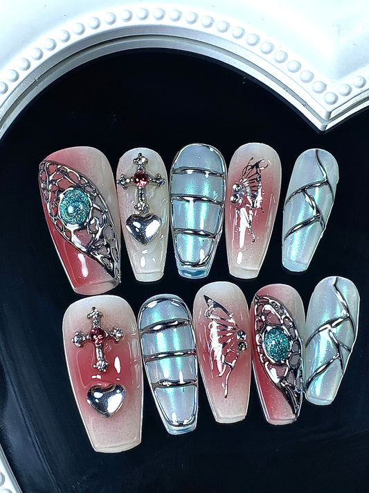 Coffin y2k 3Dpress on nails handmade glossy fake nails