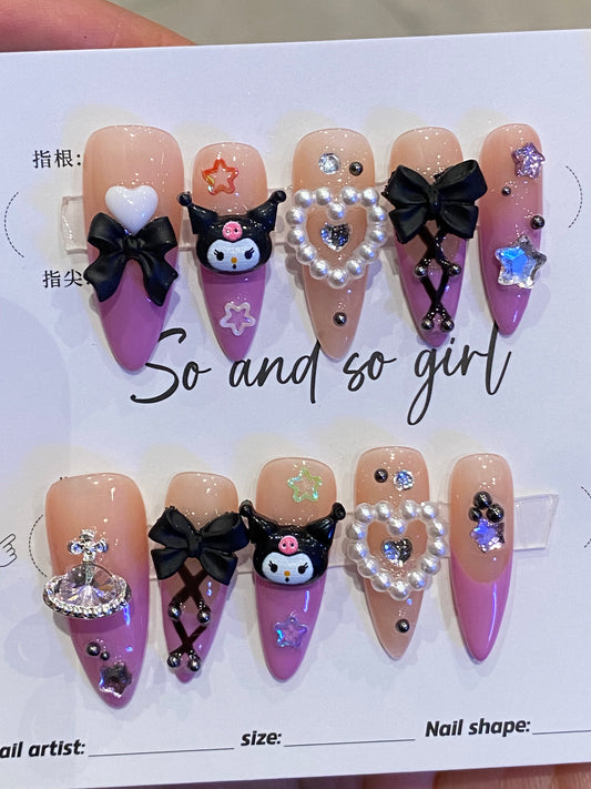 A Long  press on nails   cool 3D cartoon kuromi fake nail 10pic