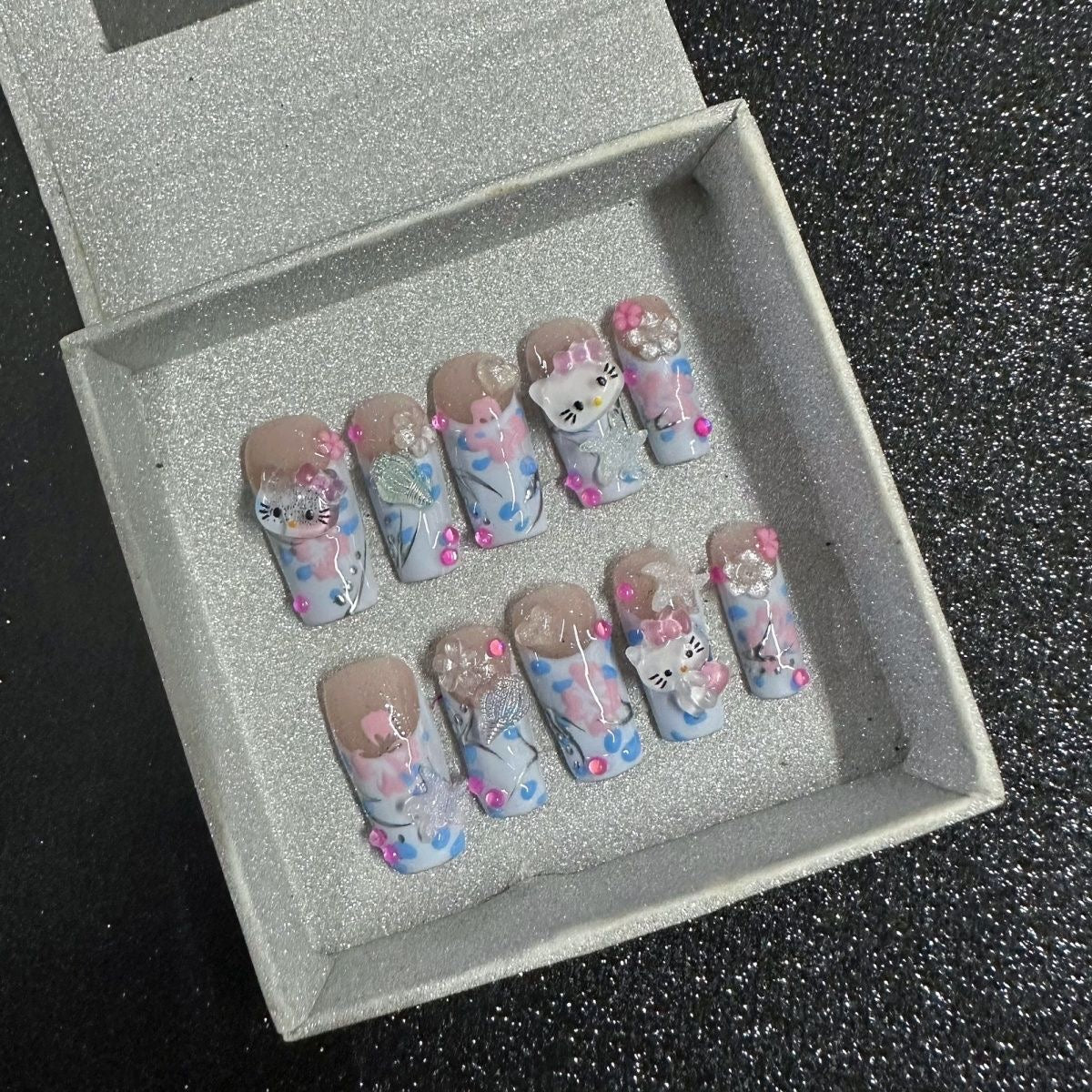 hand made press on nails   Hello kitty cat cute Shiny false nail