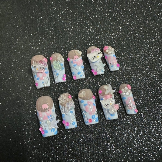 hand made press on nails   Hello kitty cat cute Shiny false nail