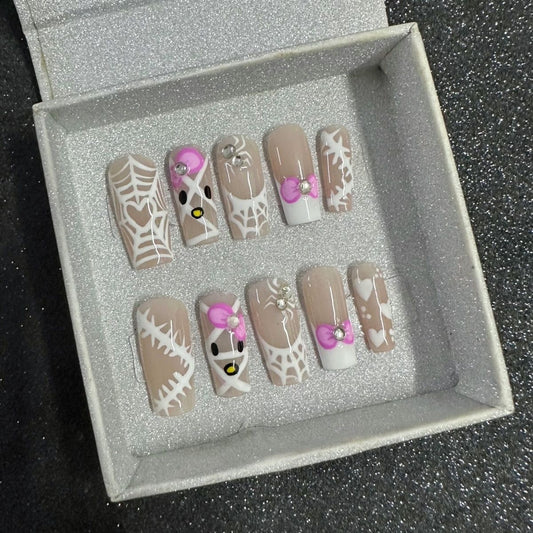 hand made press on nails   Hello kitty cat cute Shiny false nail