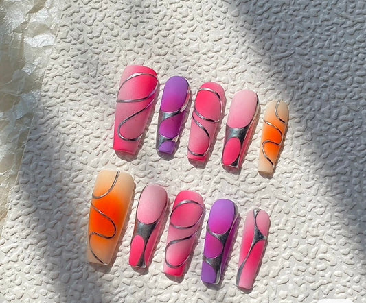 Coffin pink press on nails sweet cool hot  girls Butterfly   Glossy fake nail 的副本