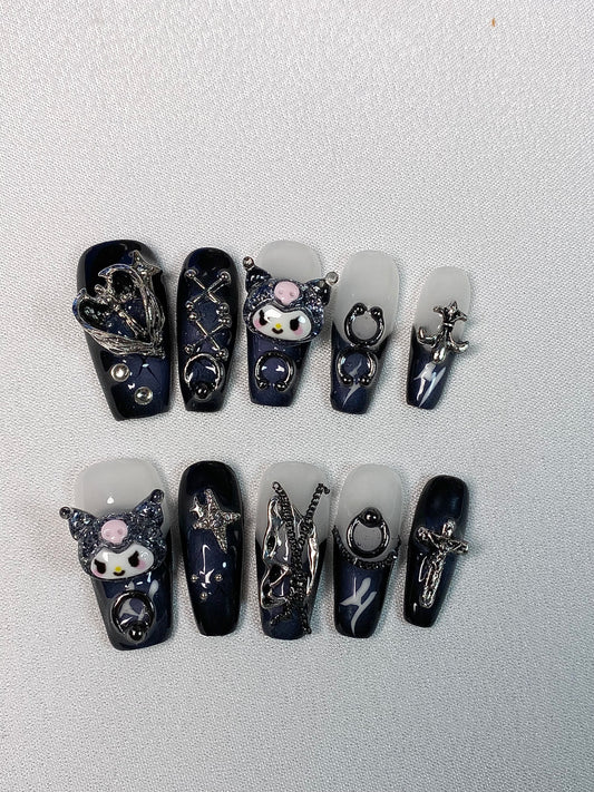 Coffin cartoon blackness  press on nails handmade kuromi fake nail