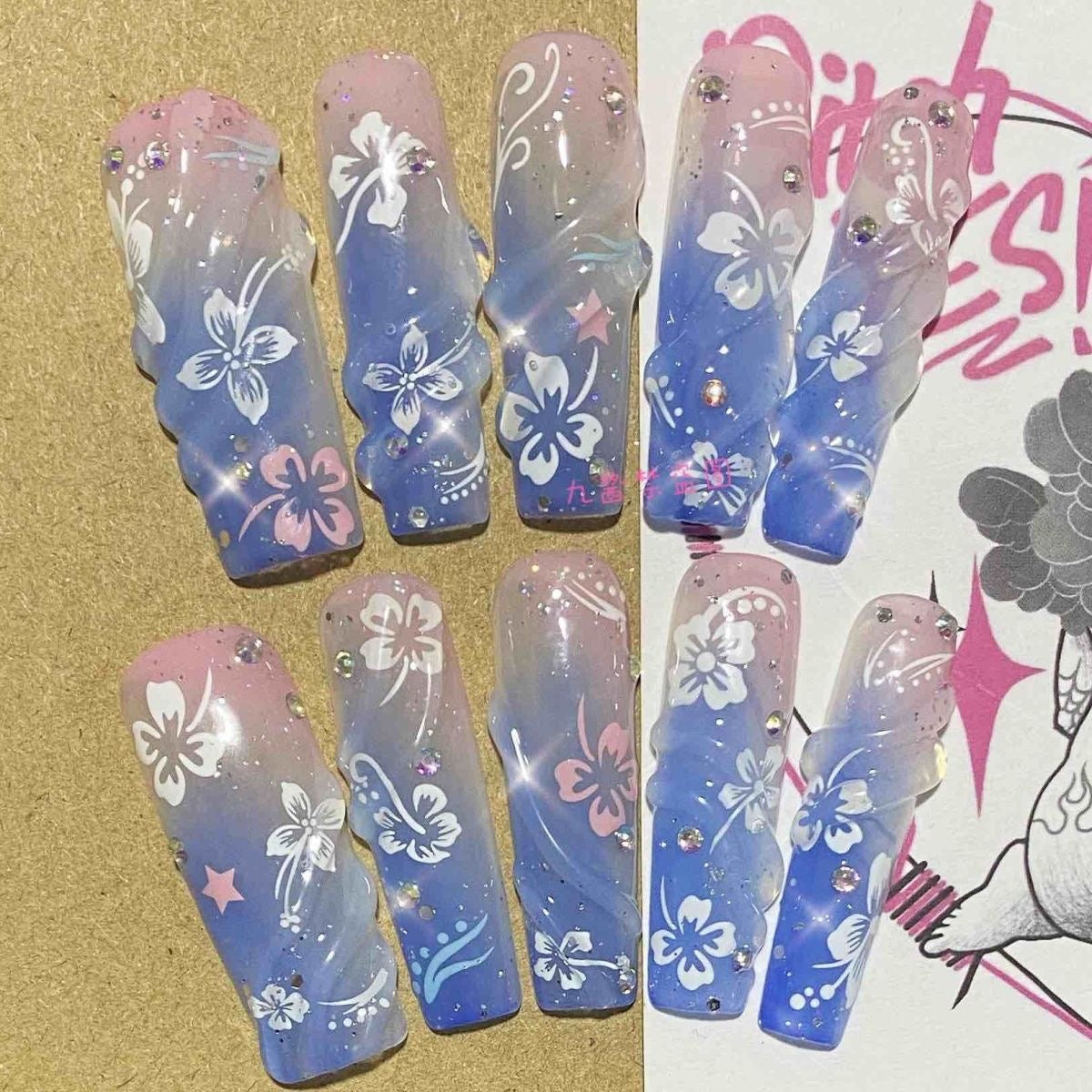 Long coffinpress on nails  handmade fake nail