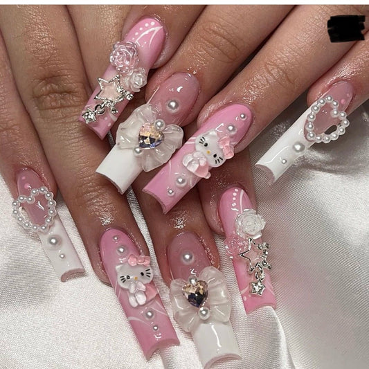 B Long Coffin press on nails  hand made  hello kitty fake nail