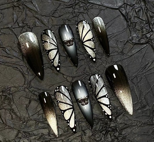 Stiletto hand made press on nails painted Butterfly fake nail