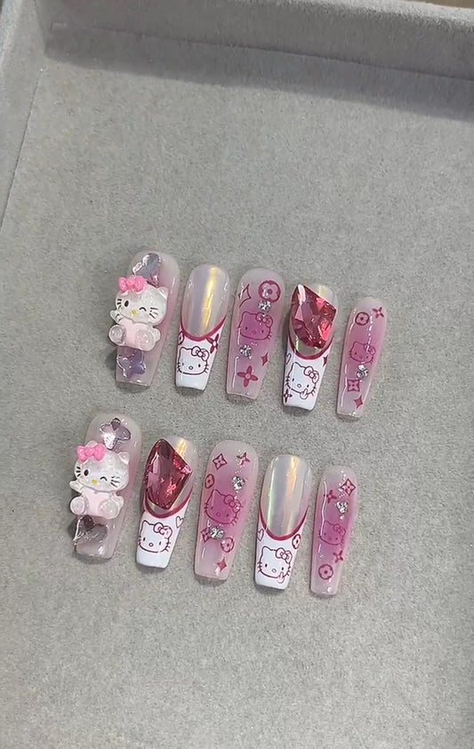 hand made press on nails fake nails hello kitty cartoon coffin shape nail
