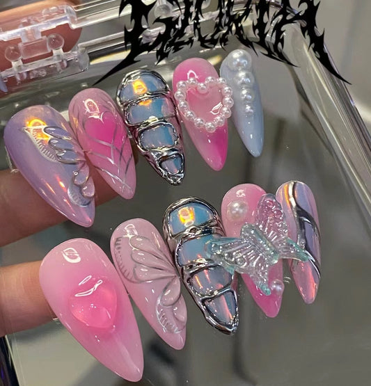 A press on nails  3D  metal butterfly almond shape fake nails