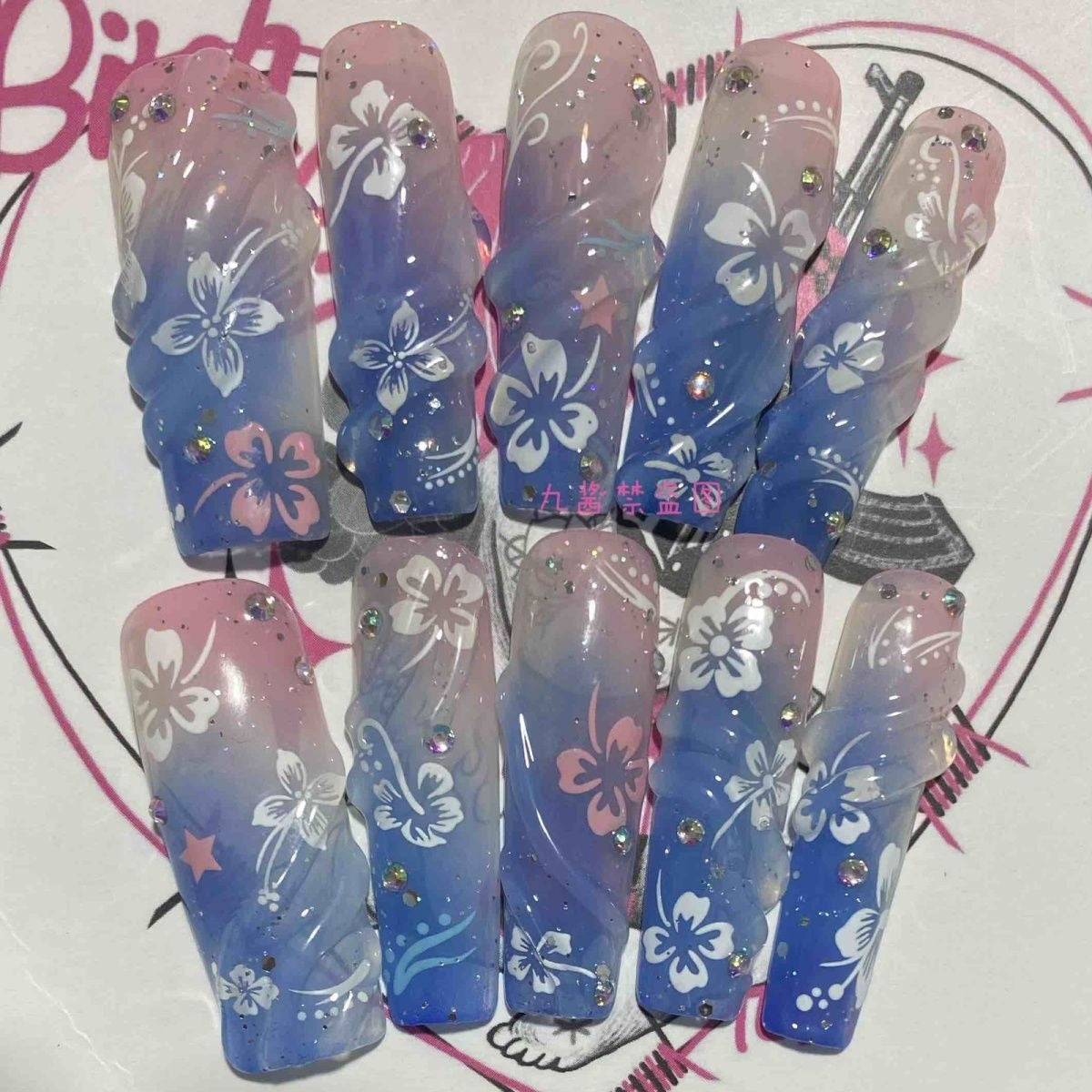 Long coffinpress on nails  handmade fake nail